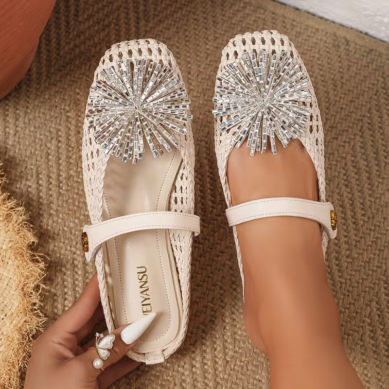 Women Hollow Woven Backless Mule Flats Square Toe Sunburst Rhinestone Loafers