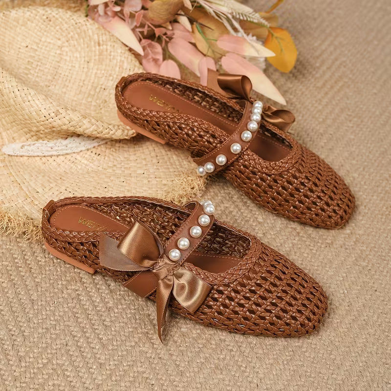 French-Style Vintage T-Strap Woven Mules for Women