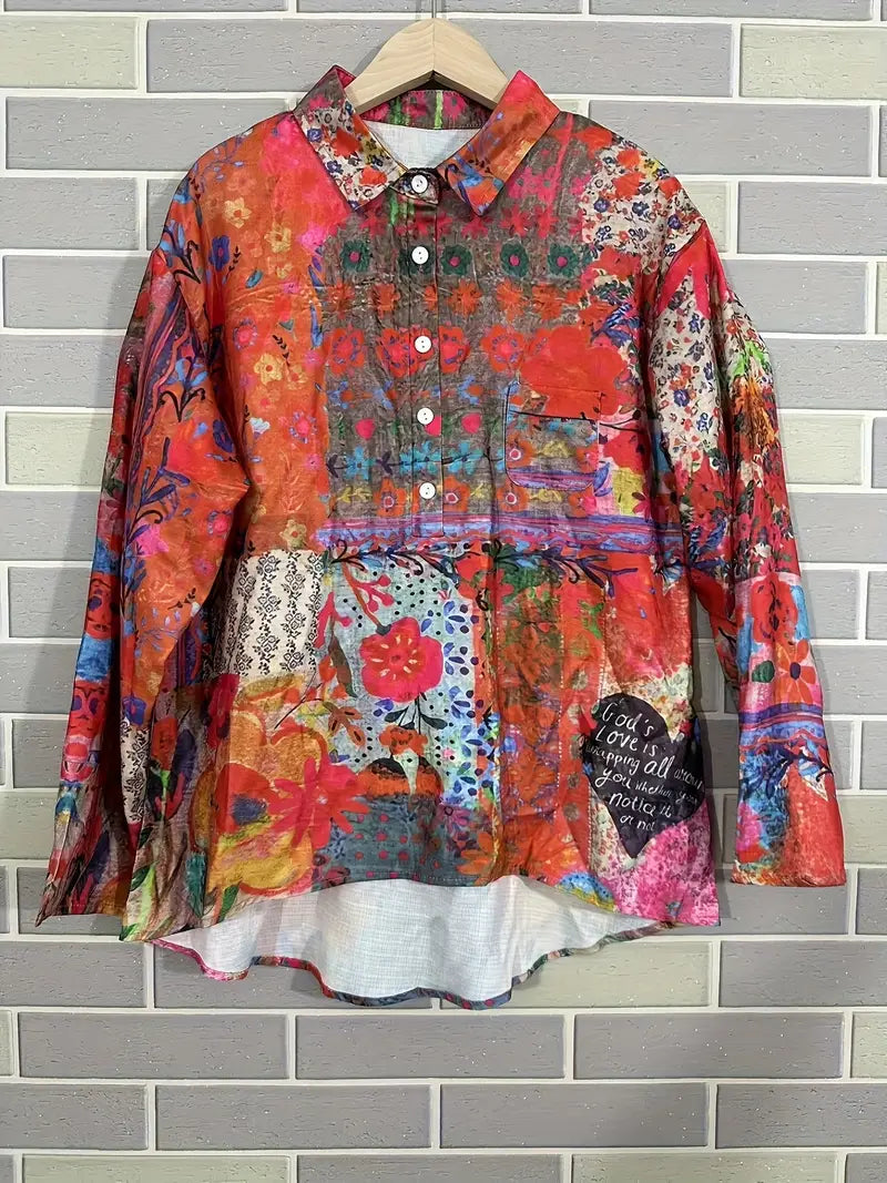 Vintage Heart Floral Art Print Casual Shirt with Pocket