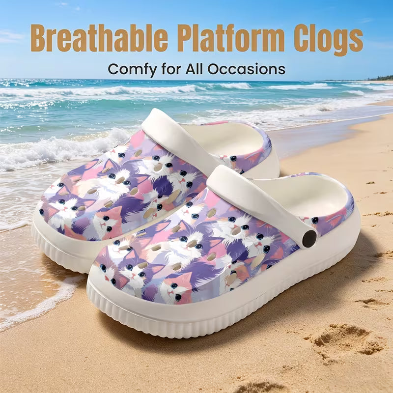 Women's Fashionable EVA Clogs with Sweet and Cute Cat Print, Comfortable, Durable