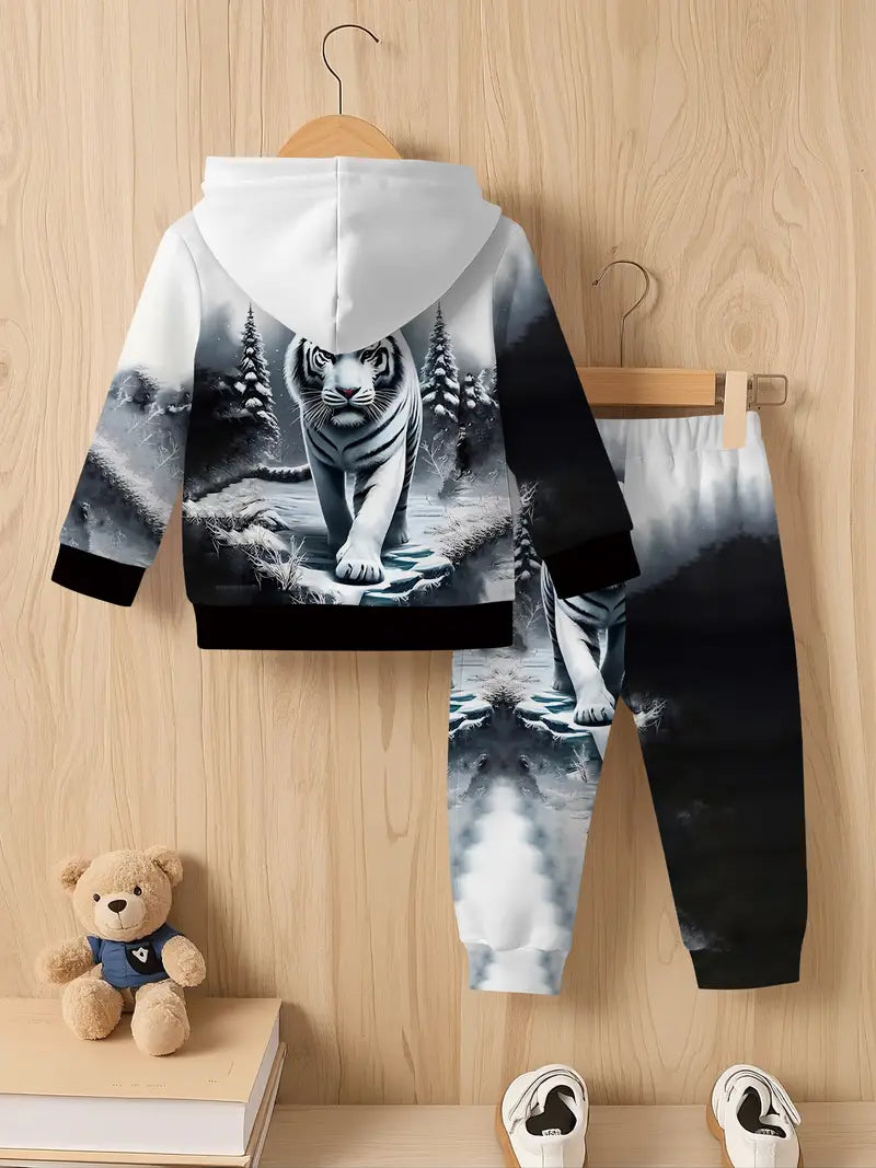 Baby Boys & Girls Hoodie Set White Tiger Print