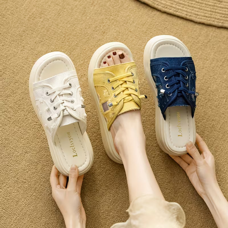 Ladies' White Platform Sandals with a Lace-Up Design And Geometric Pattern Embellishments, Featuring a Casual And Trendy Style Blue