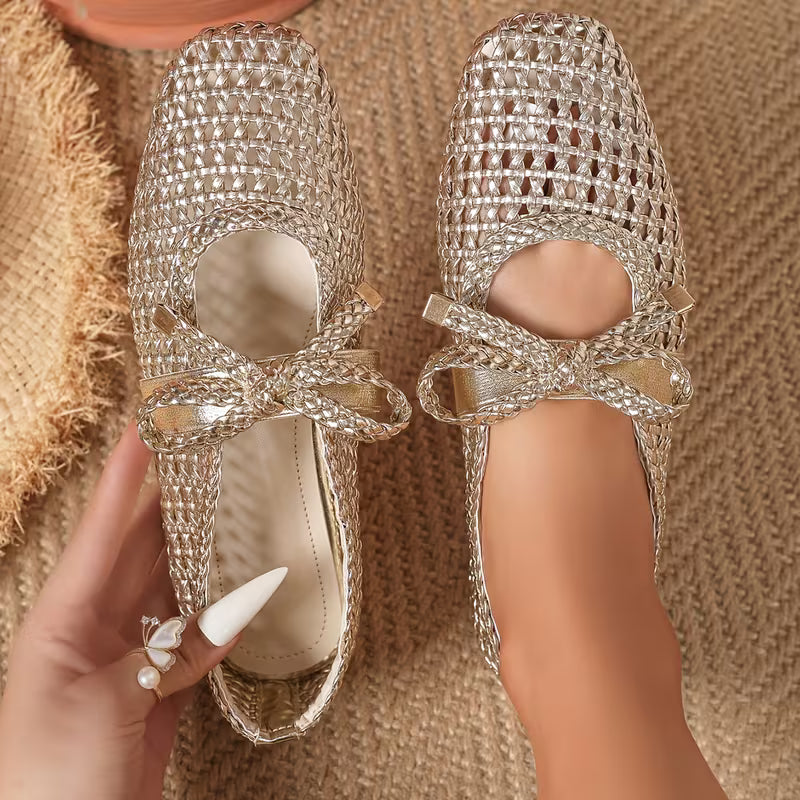 Breathable Mesh Bow Ballet Shoes, Casual Slip on Hollow Out Loafers