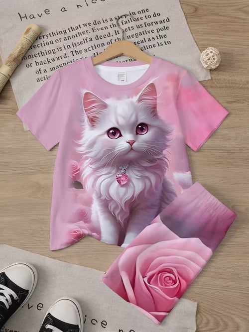Children's Girls Cute Kitten Cartoon Sweet T-Shirt Shorts Set