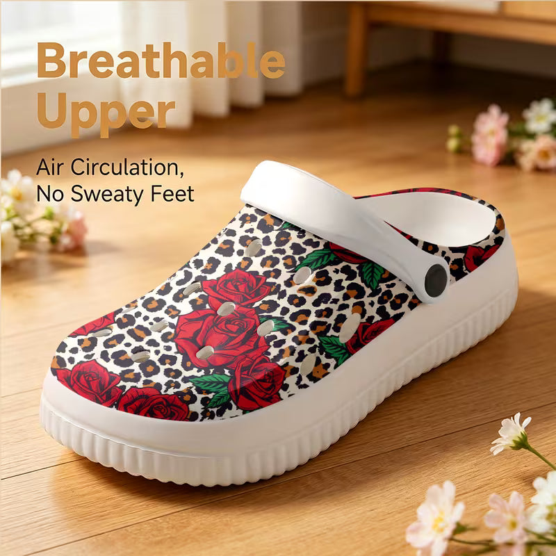New EVA Thick-Soled Garden Shoes, Cartoon Rose And Leopard Print