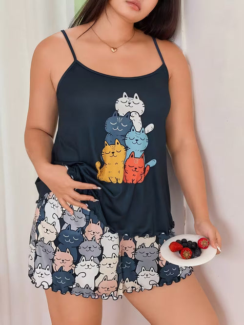 Colorful Cat Print Tankini And Shorts Pajama Set