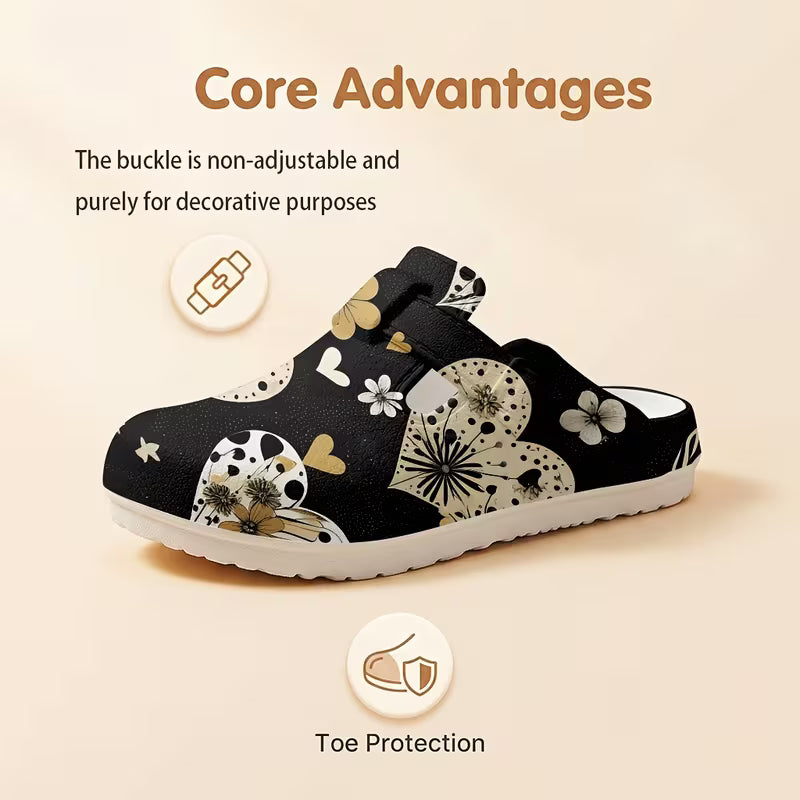 Bohemian Style Heart Print Mule Shoes, Comfortable And Versatile Clog Shoes