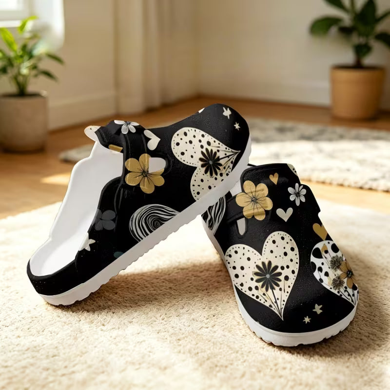 Bohemian Style Heart Print Mule Shoes, Comfortable And Versatile Clog Shoes