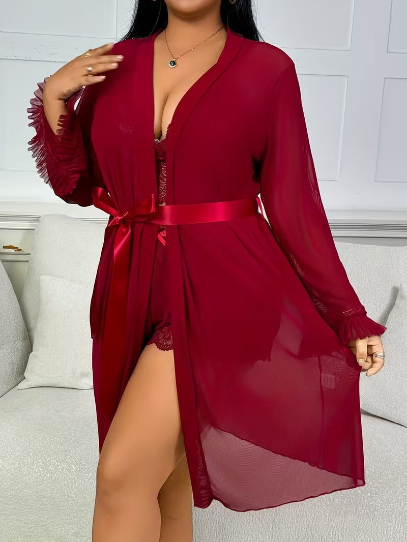 Sexy Lace Camisole Nightgown with Lace Trim, Floral Lace Long-Sleeve Mesh 3pcs Set with Suspender Shorts