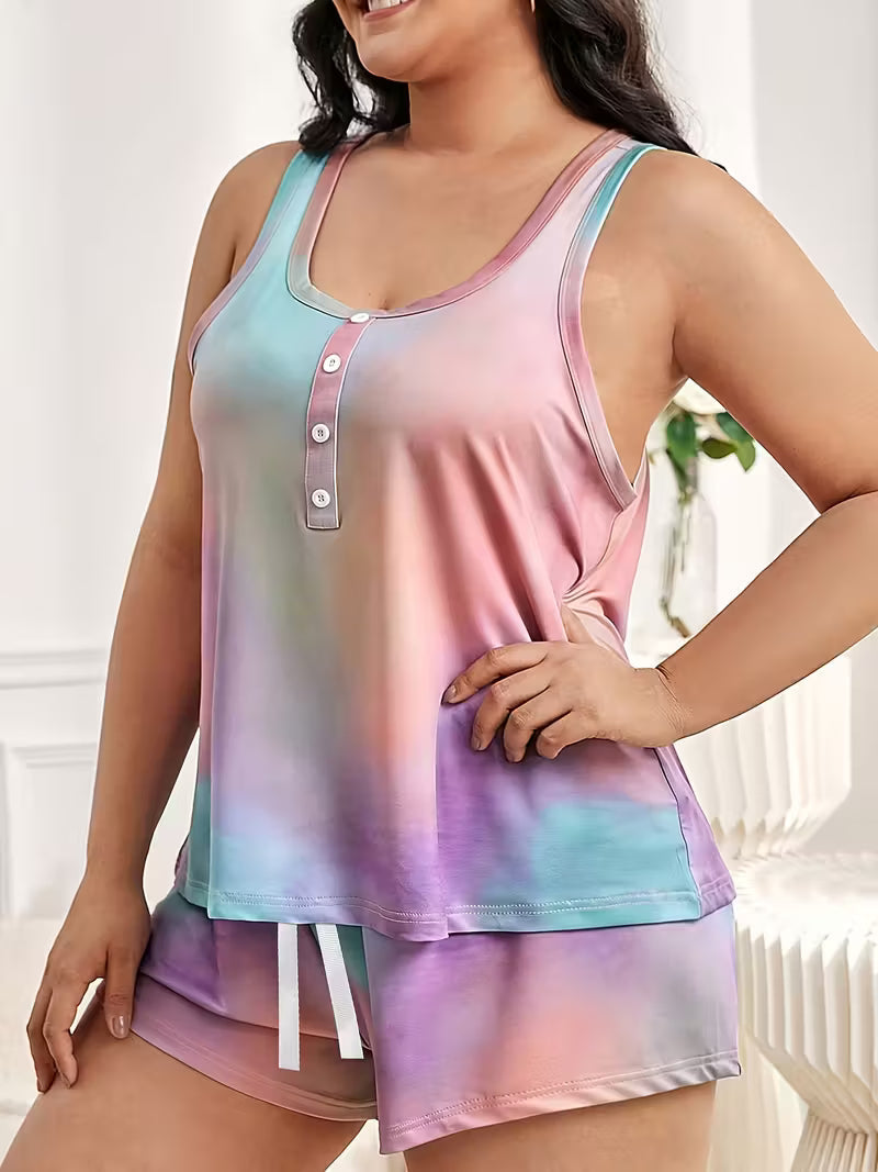 Spring, Summer, Autumn and Winter Women's Sleepwear Half Button Collar Tie Dye Vest Shorts Home Suit