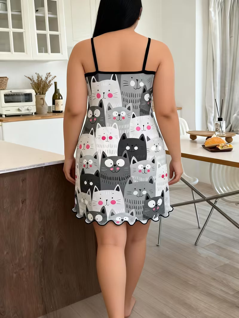 Cute Cartoon Kitten Print, Thin Strap Camisole Nightgown