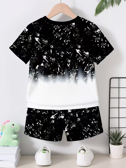 Casual Sporty Stylish Crown K Graffiti-themed Printed Crew-neck T-shirt and Shorts Set