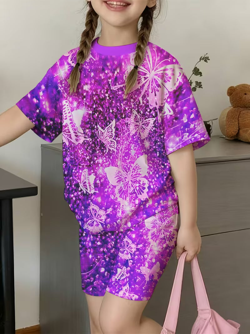 Butterfly New Kids' T-Shirt and Shorts Set with 3D Butterfly Print Pattern