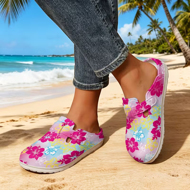Women' Tropical Hibiscus Flower Clogs - Pink-Blue Gradient EVA Slippers