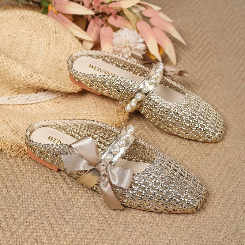 French-Style Vintage T-Strap Woven Mules for Women