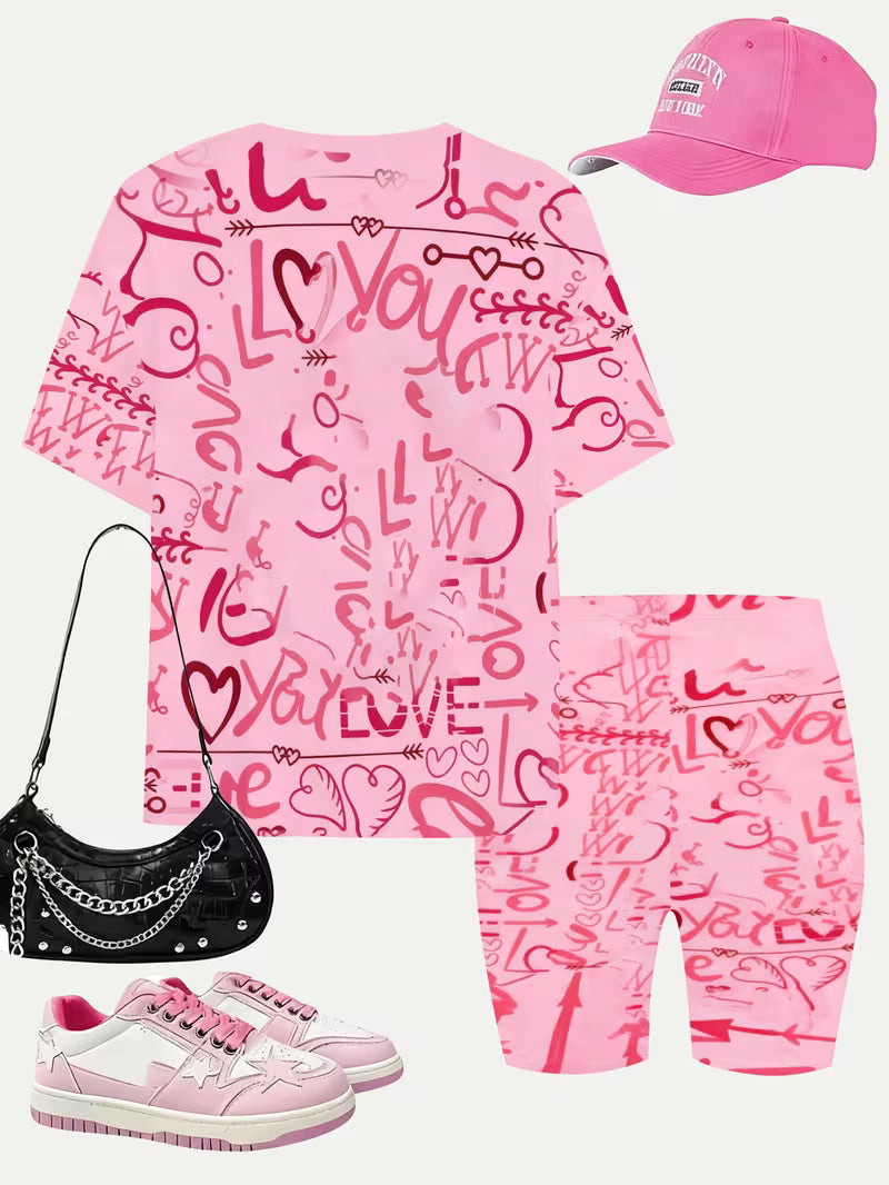 Girls' T-shirt and Shorts Set Features a Cartoon-patterned Short-sleeve Top
