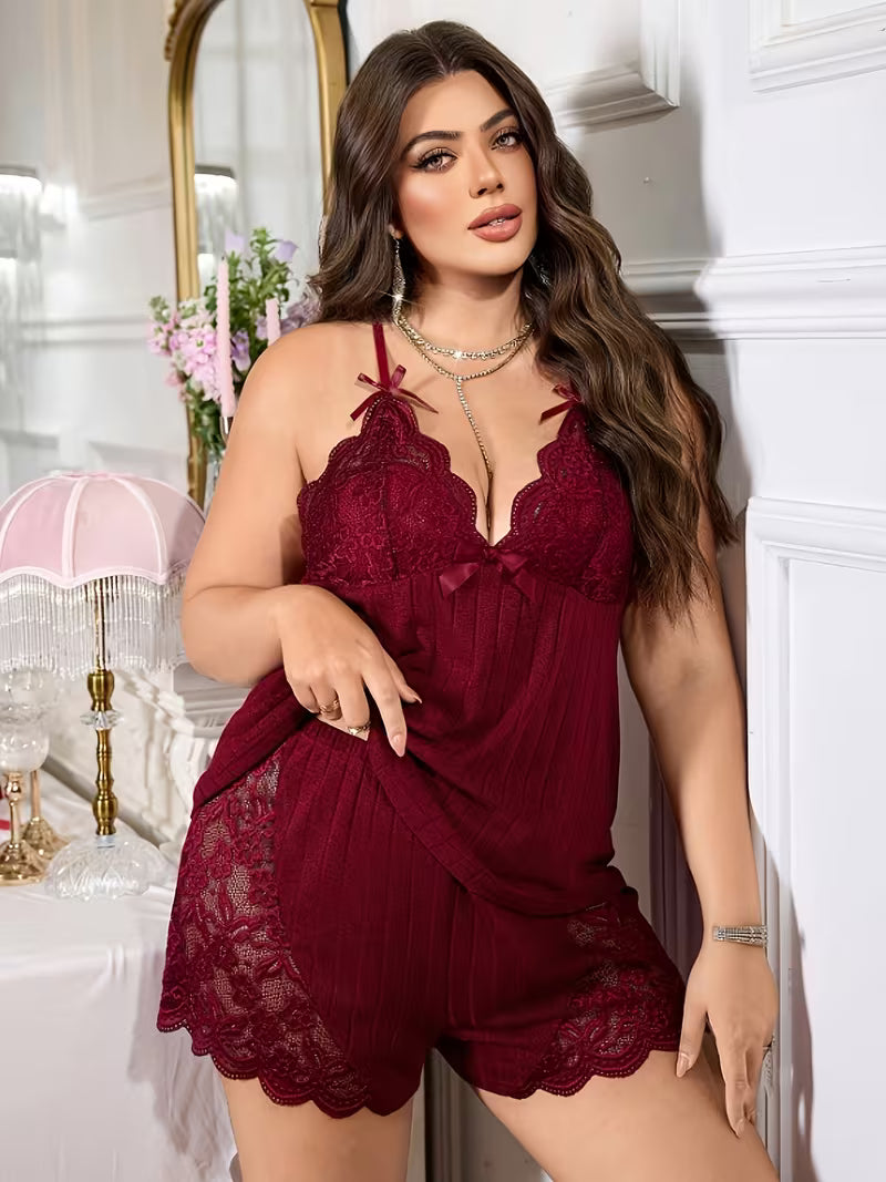 Women's Brick Red Lace Camisole Pajama Set with Bow Decoration Sexy Shorts 2pcs Set