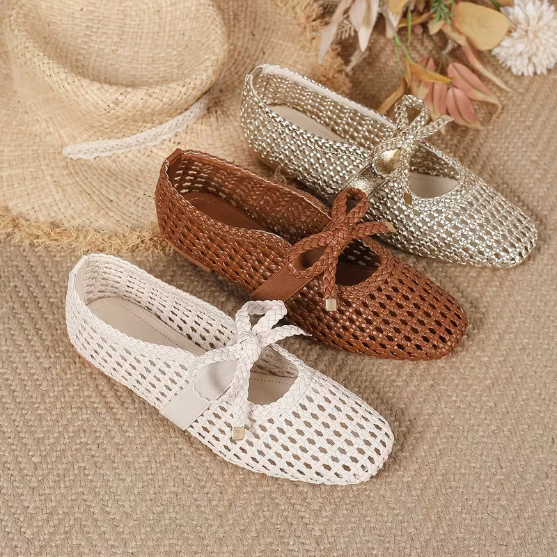 Breathable Mesh Bow Ballet Shoes, Casual Slip on Hollow Out Loafers