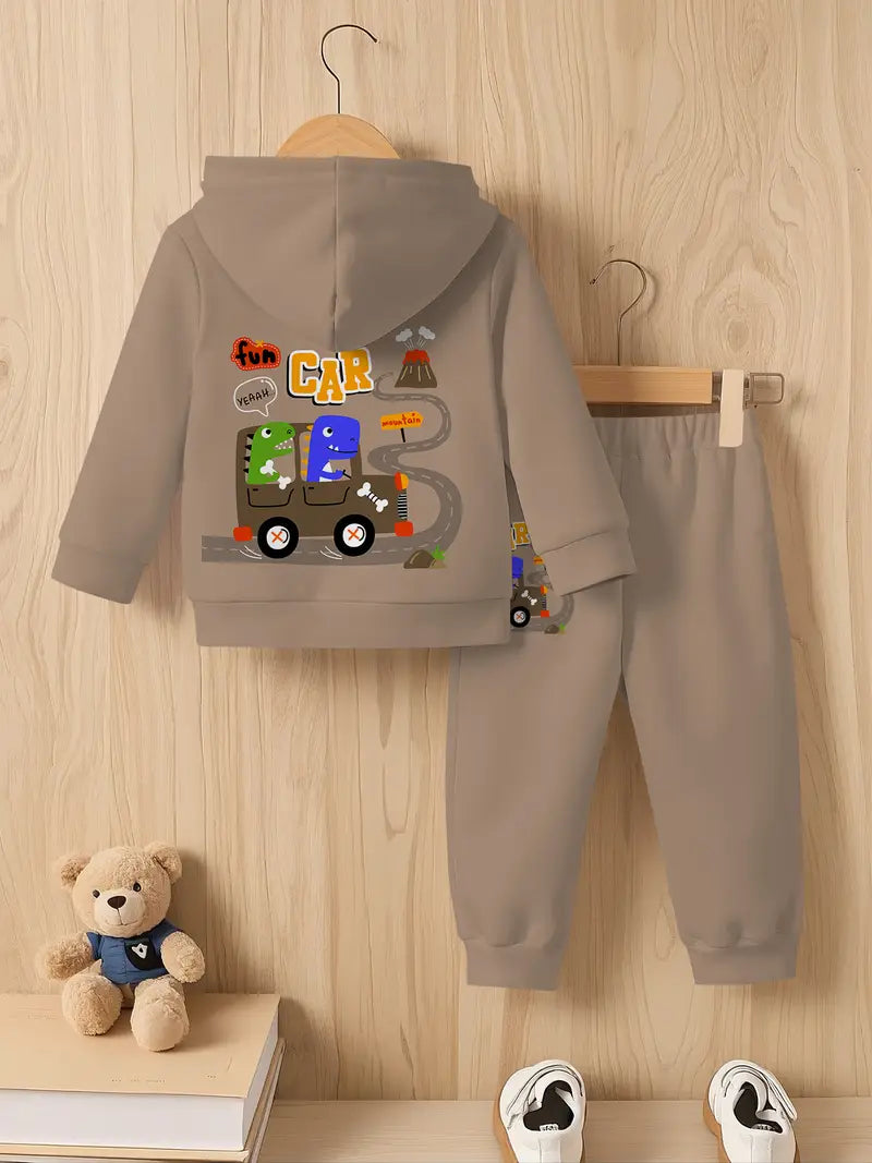 Baby Boys & Girls Hoodie Set cartoon car and dinosaur