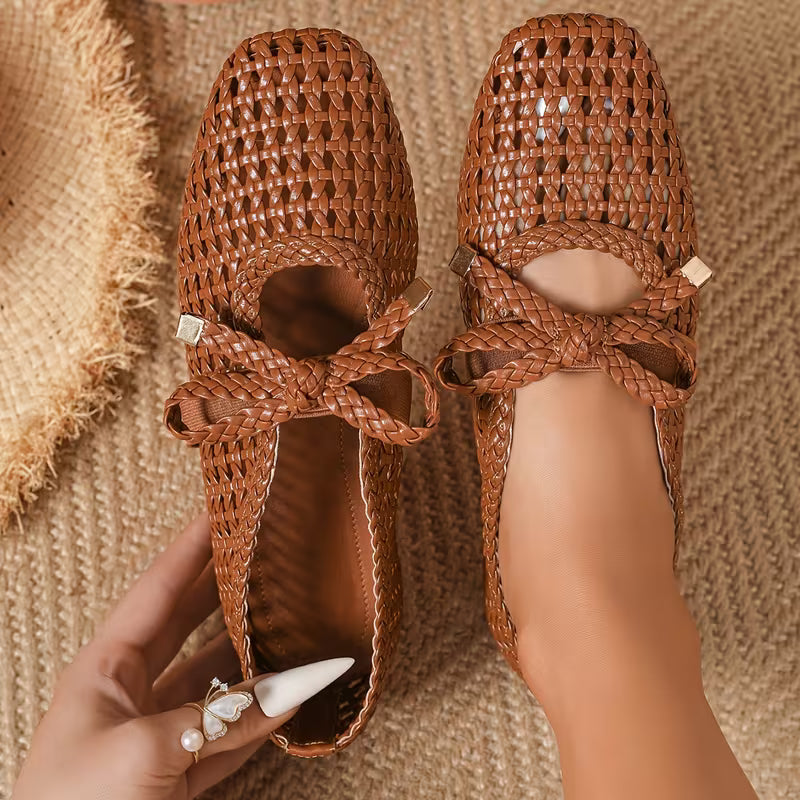 Breathable Mesh Bow Ballet Shoes, Casual Slip on Hollow Out Loafers