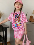 Girls' T-shirt and Shorts Set Features a Cartoon-patterned Short-sleeve Top