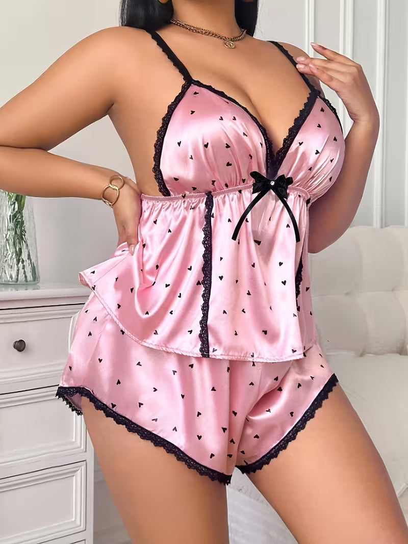 Women'S All-Season Lace Patchwork Elegant Heart Floral Print Diamond Multi-Tier Bow V-Neck Lace Shoulder Strap Camisole Top And Shorts