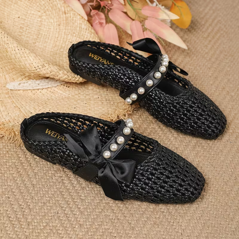 French-Style Vintage T-Strap Woven Mules for Women