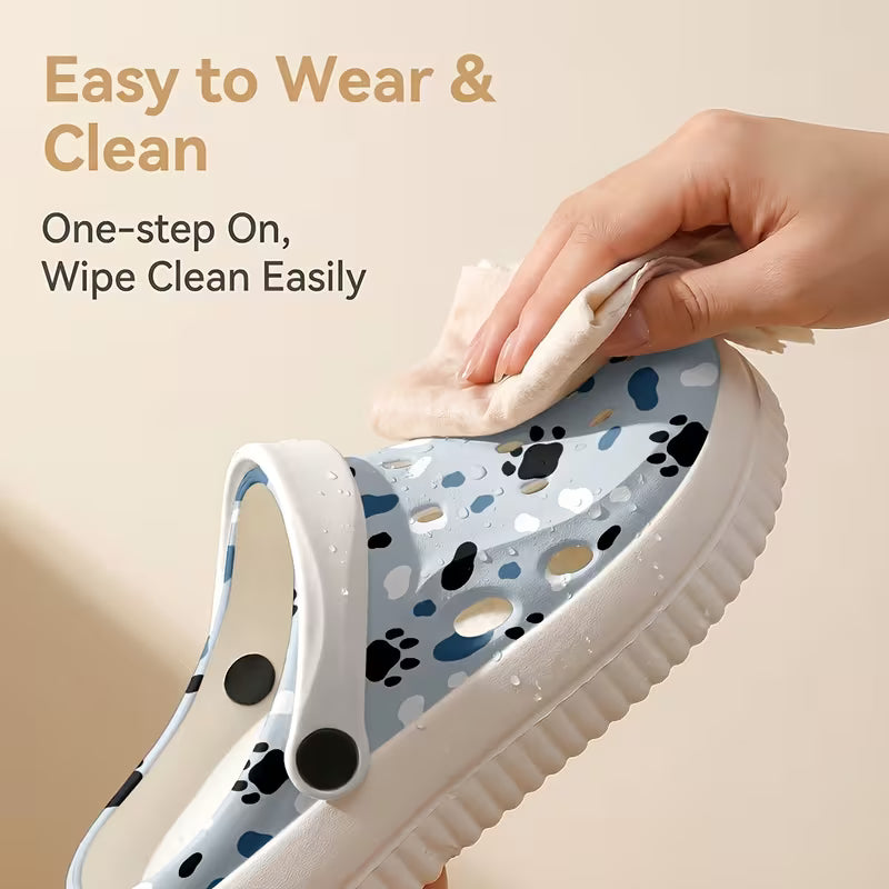 New Comfortable Women's EVA Garden Shoes with Gray-Toned Paw Print Graffiti Pattern