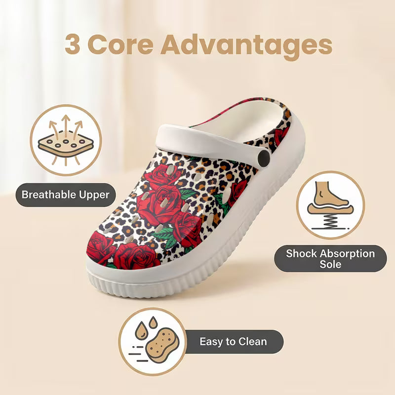 New EVA Thick-Soled Garden Shoes, Cartoon Rose And Leopard Print