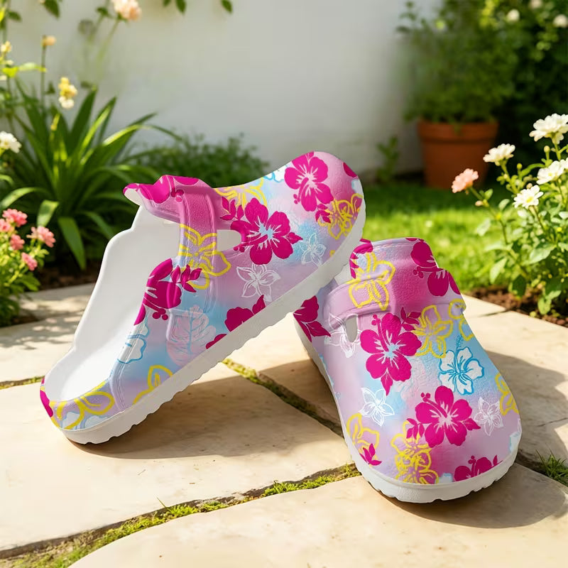 Women' Tropical Hibiscus Flower Clogs - Pink-Blue Gradient EVA Slippers