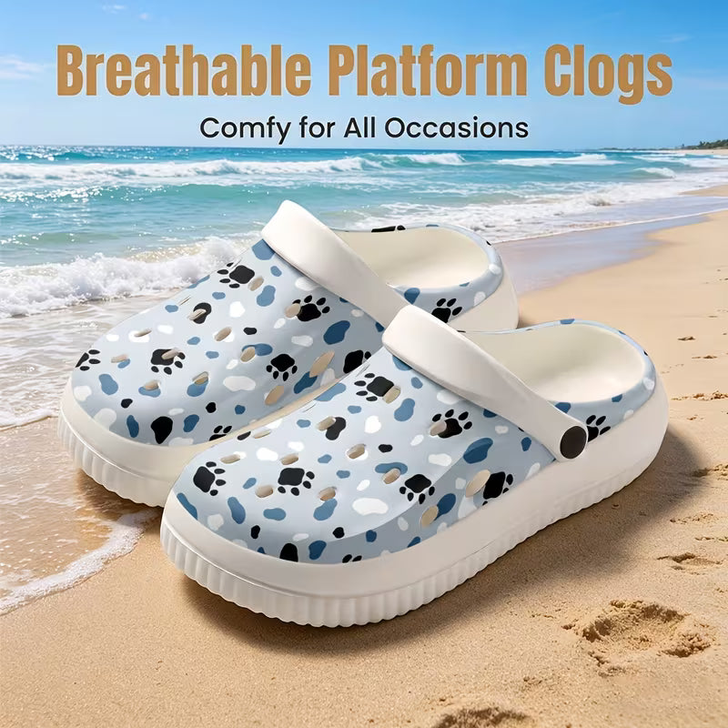 New Comfortable Women's EVA Garden Shoes with Gray-Toned Paw Print Graffiti Pattern
